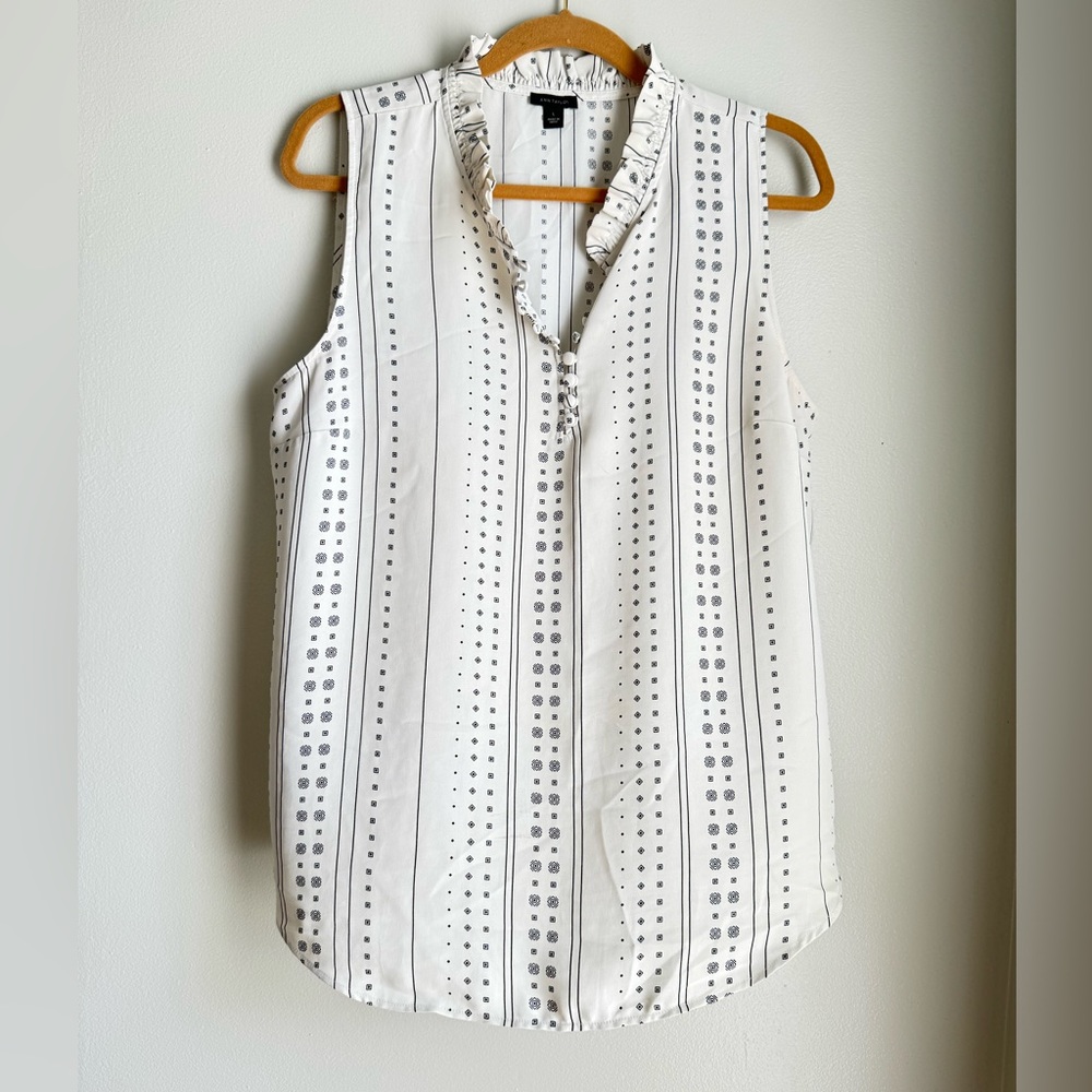 Ann Taylor White and Gray Sleeveless Blouse